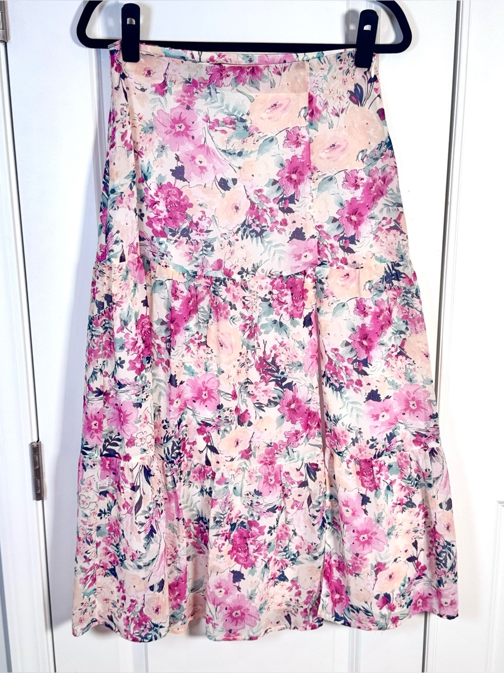 En Saison Fleur Midi Skirt M Free People Pink Floral Tiered Cottagecore Romantic